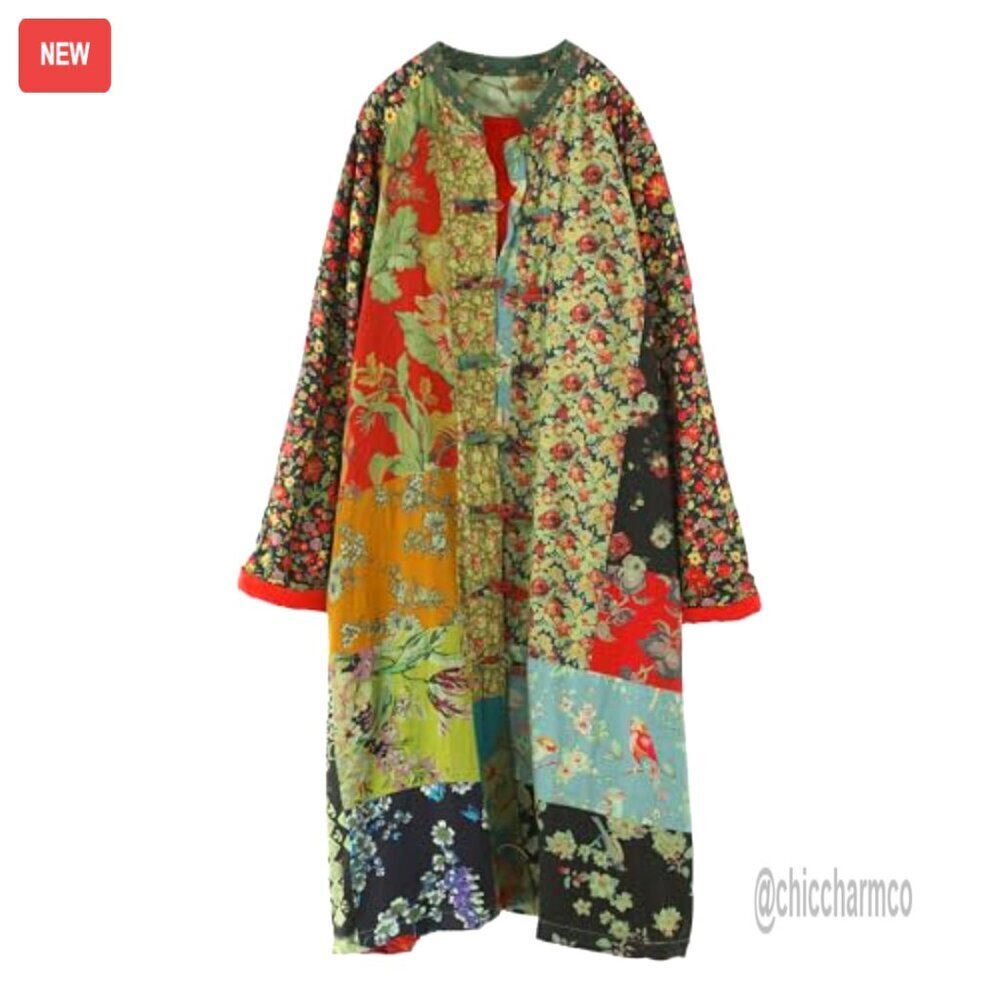 Women's Patchwork Trench Coat Cotton Linen Duster Boho Cottagecore - Picture 4 of 7